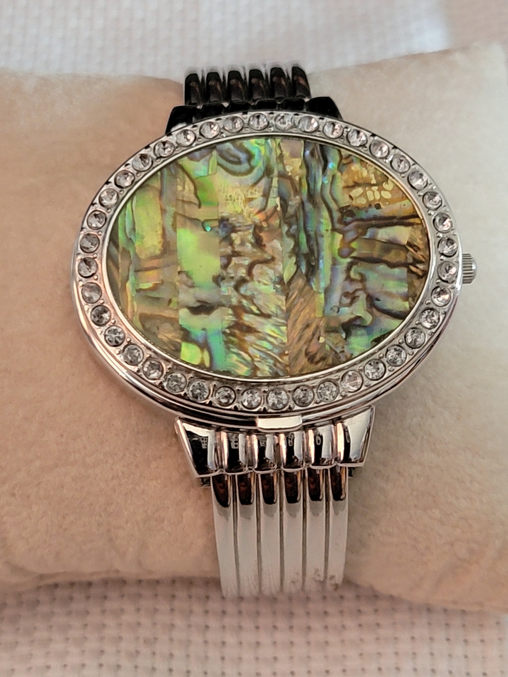 Silver Watch with Abalone Shell Dial and Crystal Bezel